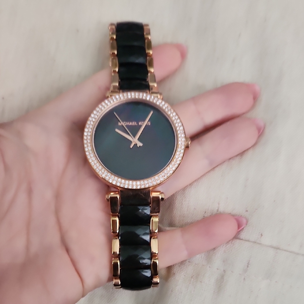 Michael Kors Black and Gold Women's Watch with Crystal Bezel